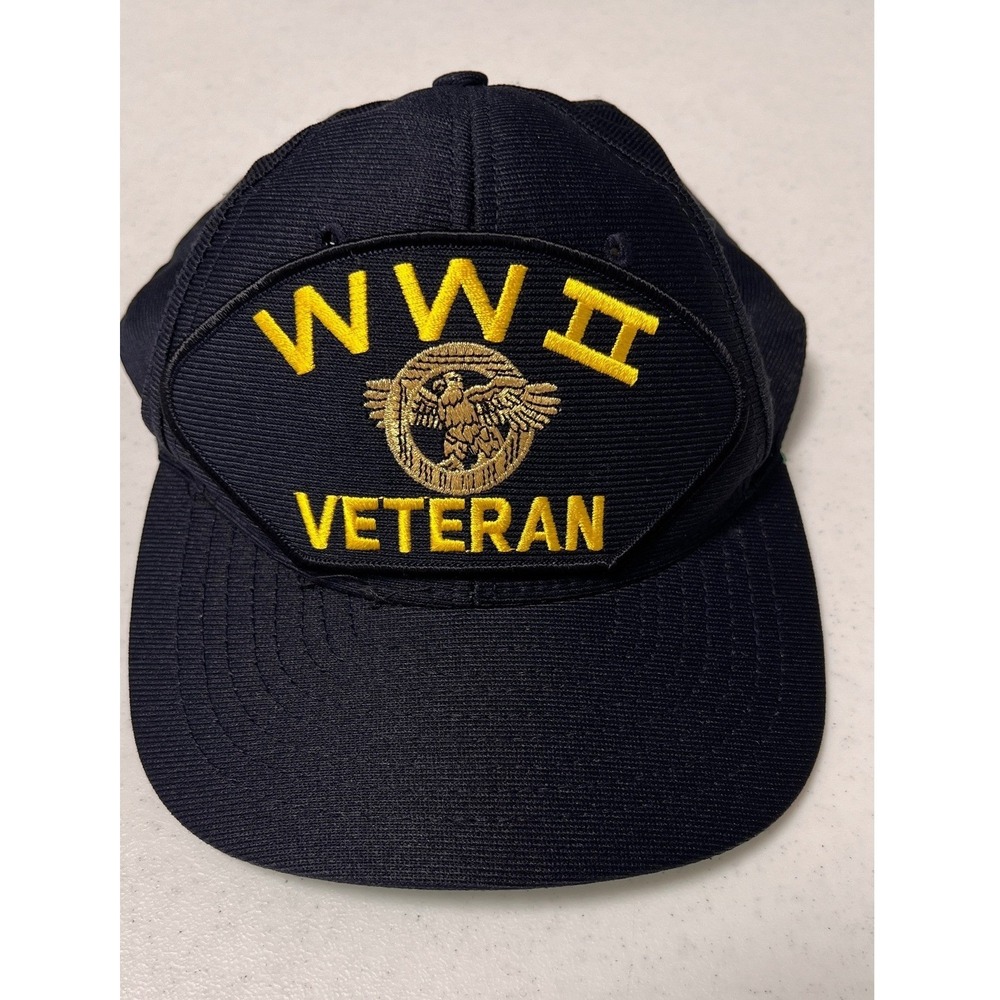 Vintage Eagle Crest WWII Veteran Hat Snapback Navy Blue Made in USA Military Cap